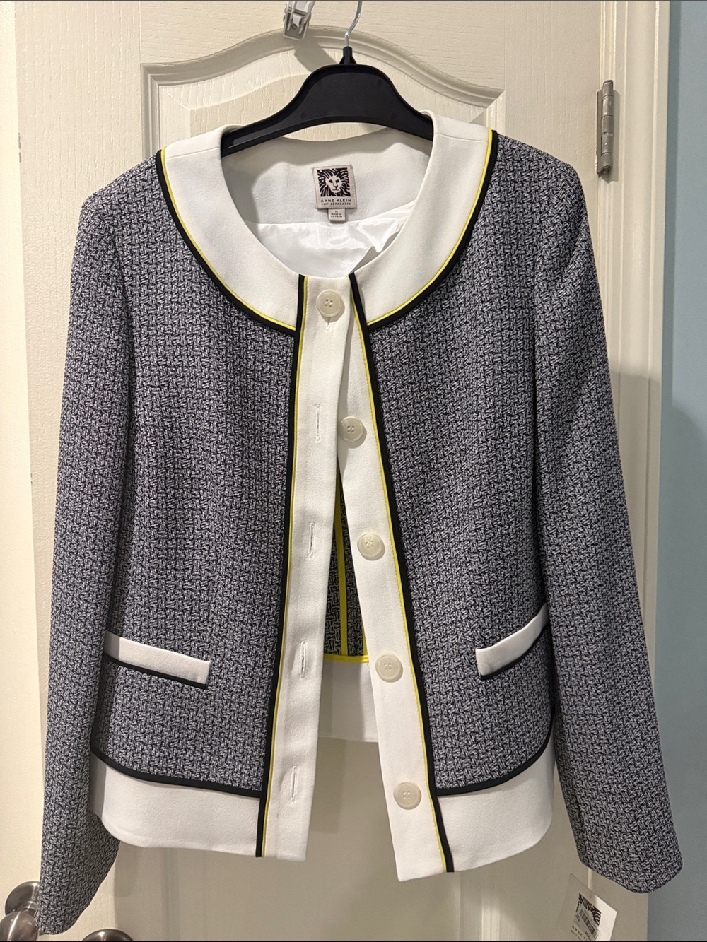 Anne Klein Gray Tweed Blazer with White Collar and Yellow Trim